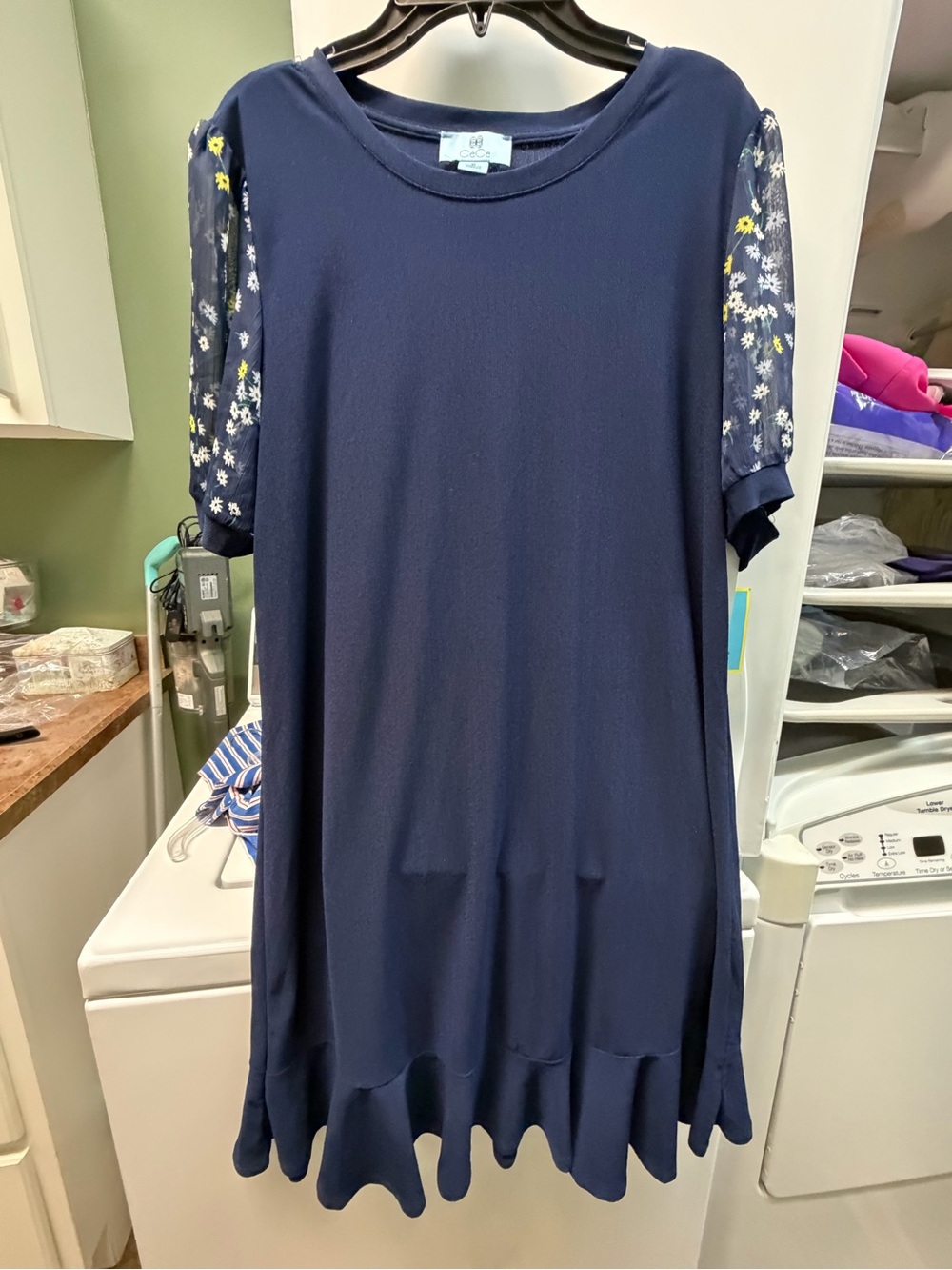 CeCe Navy knee length Dress with Floral Sheer Sleeves